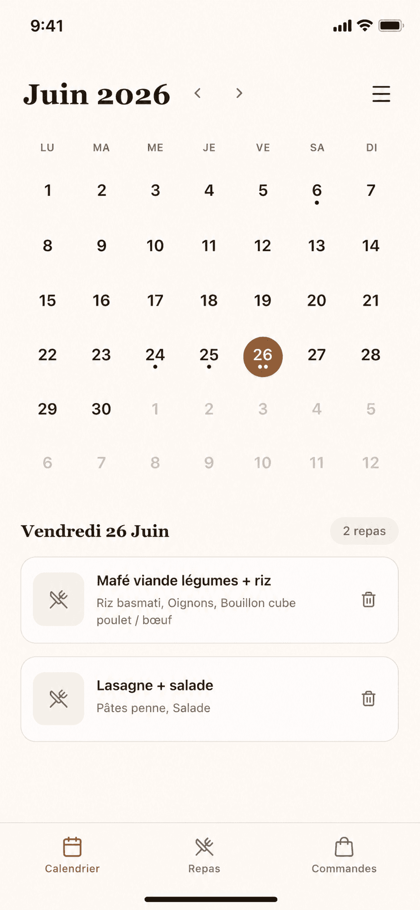 Capture de l'application Dumaan sur l'ecran calendrier