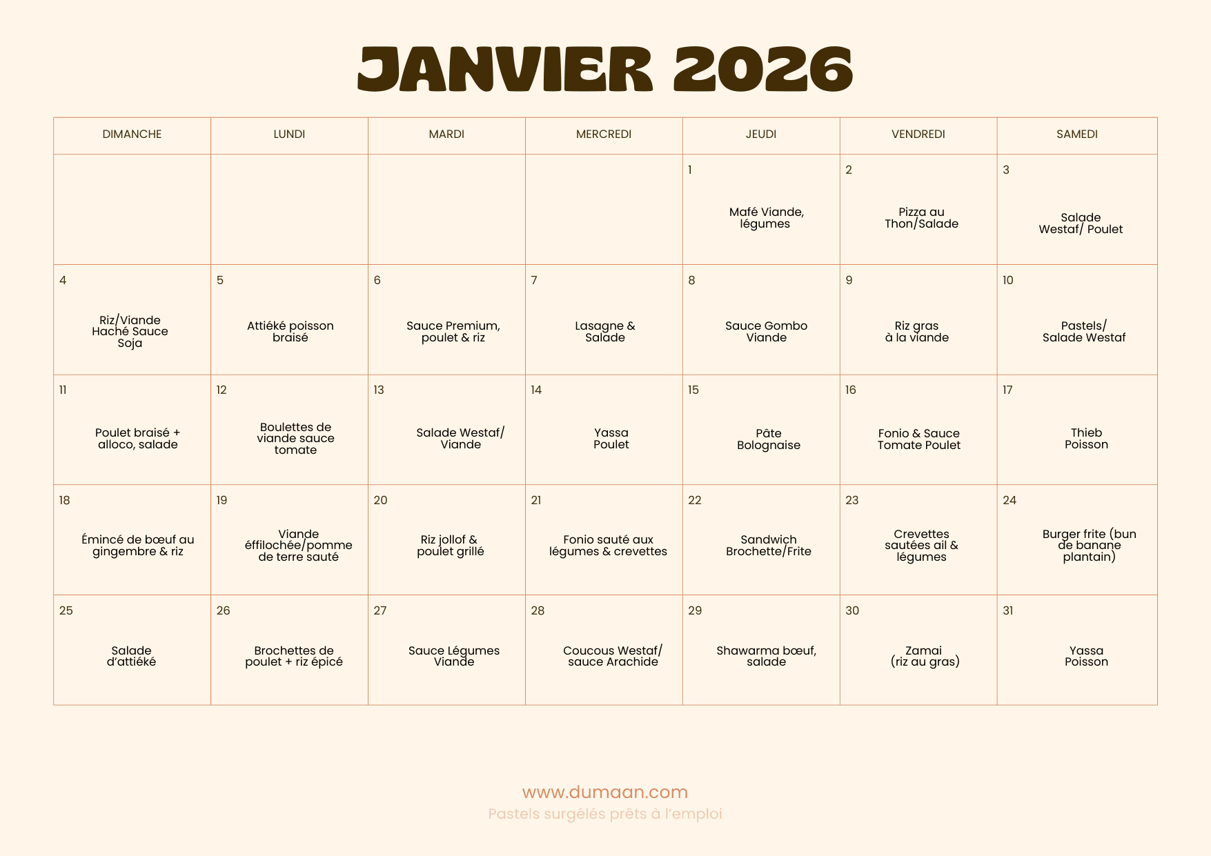 Aperçu d'une page mensuelle du calendrier repas Dumaan